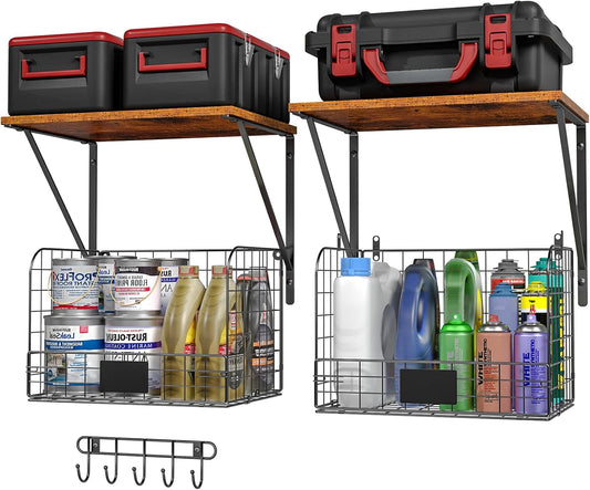 Heavy-Duty Wall-Mounted Garage Shelves with Wire Baskets & Hooks - 2 Pack Tool Organizer for Home & Garden Storage