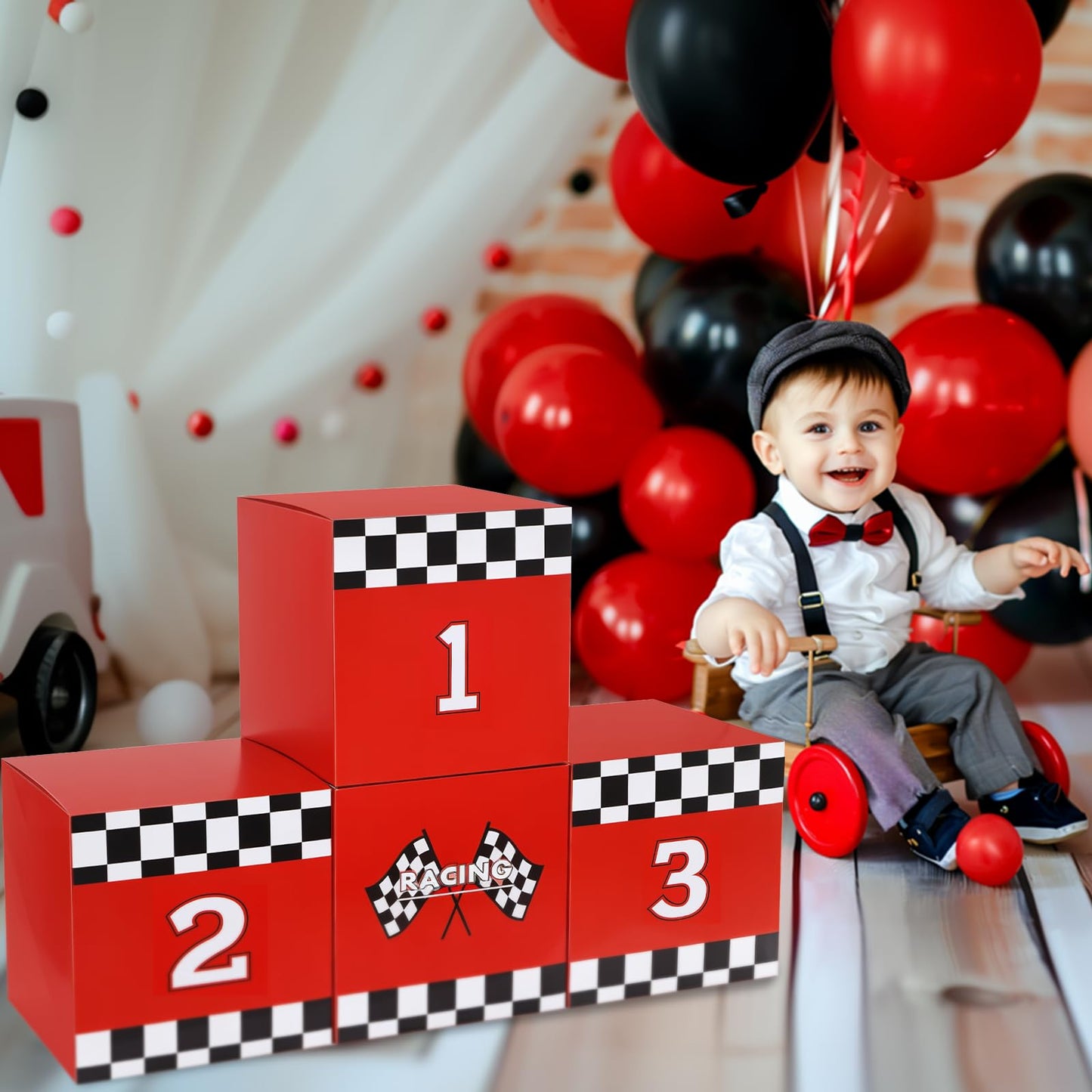 Zhanmai 4 Pcs Large Racing Car Party Boxes 11.8 x 11.8 Inch Goodie Checkered Boxes for Birthday Decor Truck Theme Race Car Podium Centerpiece Decorations Cardboard Party Favors(Red)