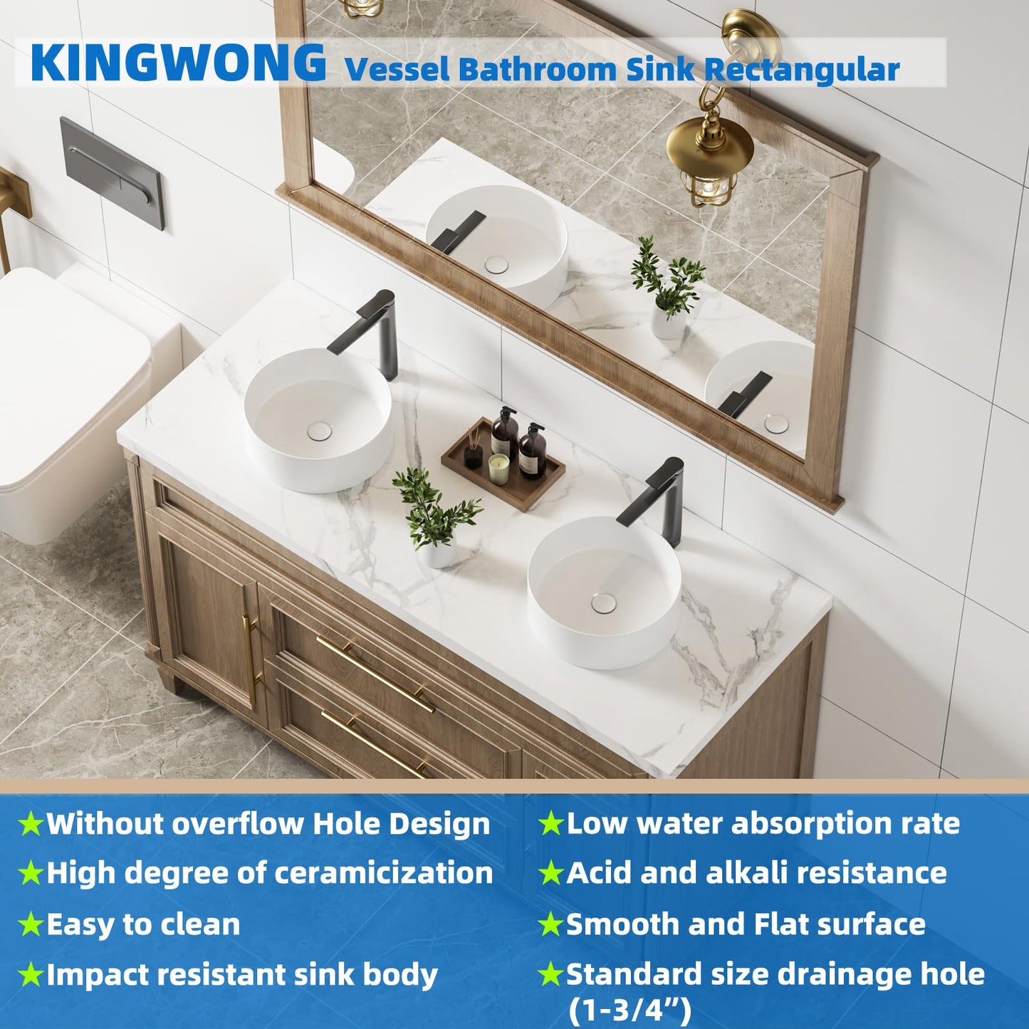 KINGWONG 14 Inch Small Vessel Sink for Bathroom - Round Countertop Modern Above Counter White Ceramic Porcelain Vanity Sink Basin for Cabinet 14 x 14