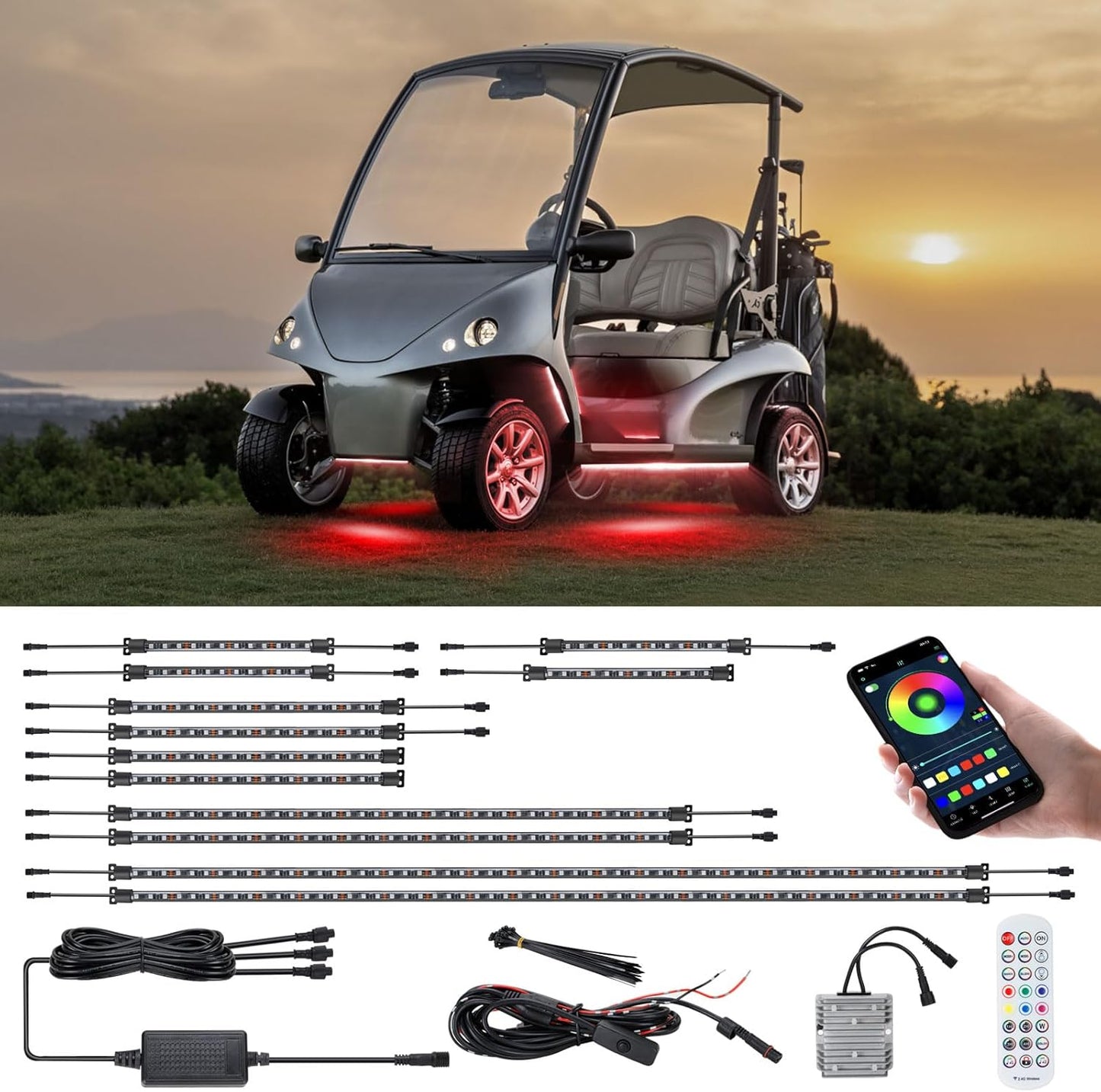 Roykaw Golf Cart LED Strip Lights - Waterproof Neon Accent Kit with Wheel Well & Interior Lights | Sync to Music, Fits 12V-80V, 12 PCS