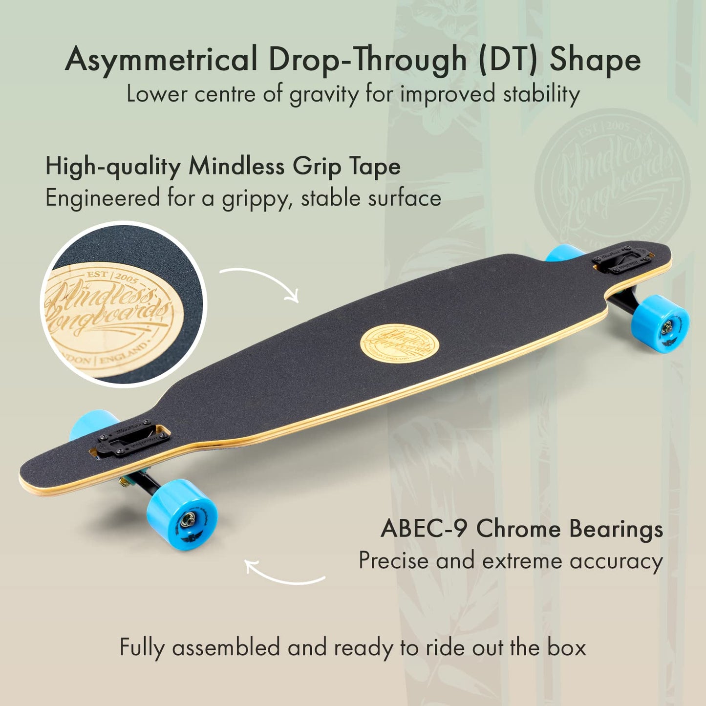 Mindless Maverick IV DT Talisman Blue & Floral | 46” Drop Through Longboard 6 Ply Canadian Maple and 1 Bottom Ply Smoked Bamboo Responsive and Safe Ride | Complete Down Hill Type Board for Commuting