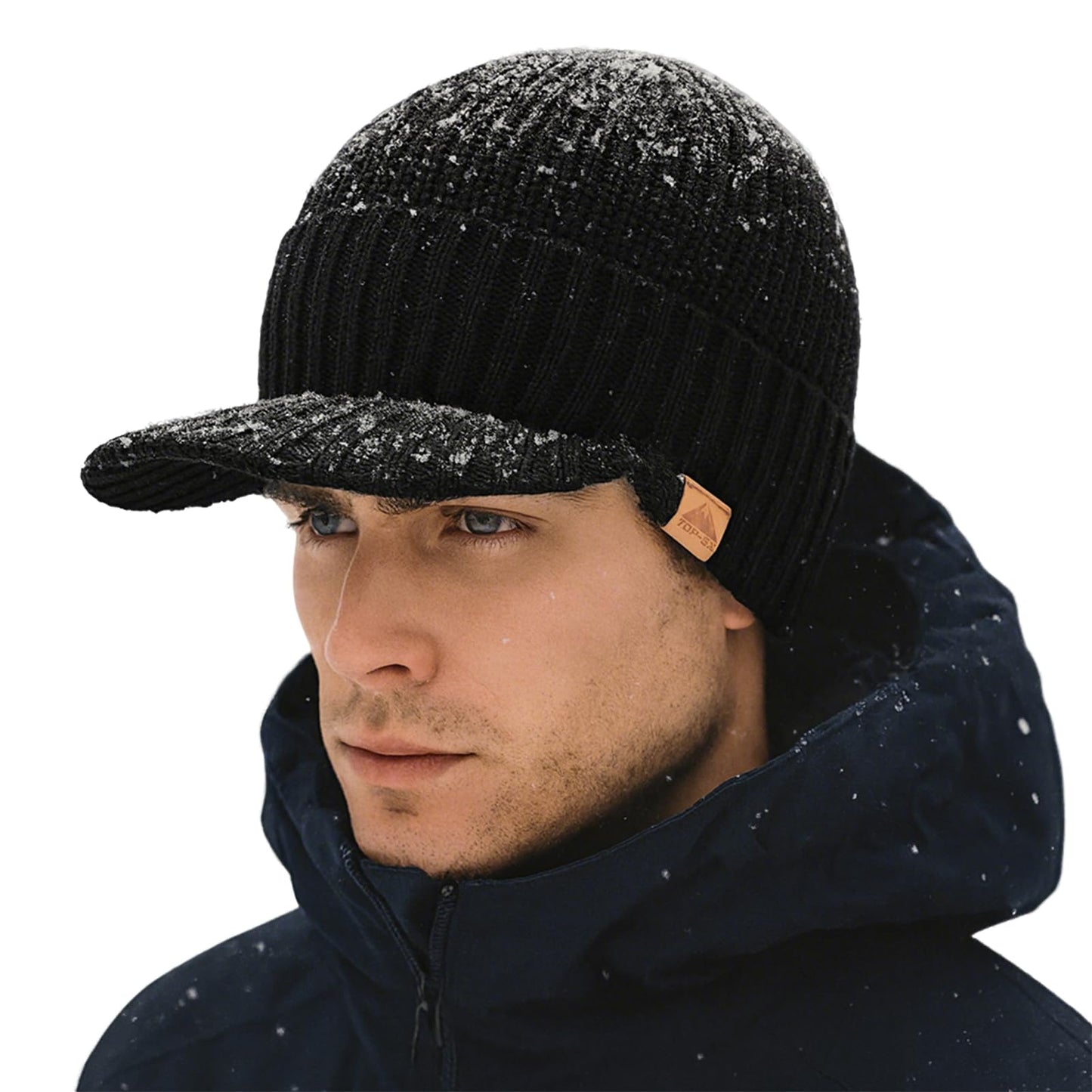 TOP-EX Dryknit Waterproof Merino Wool Mens Winter Ski Beanie Hat with Brim Fleece Lined Thermal Knit Cap for Hiking & Cold Weather Black M/L