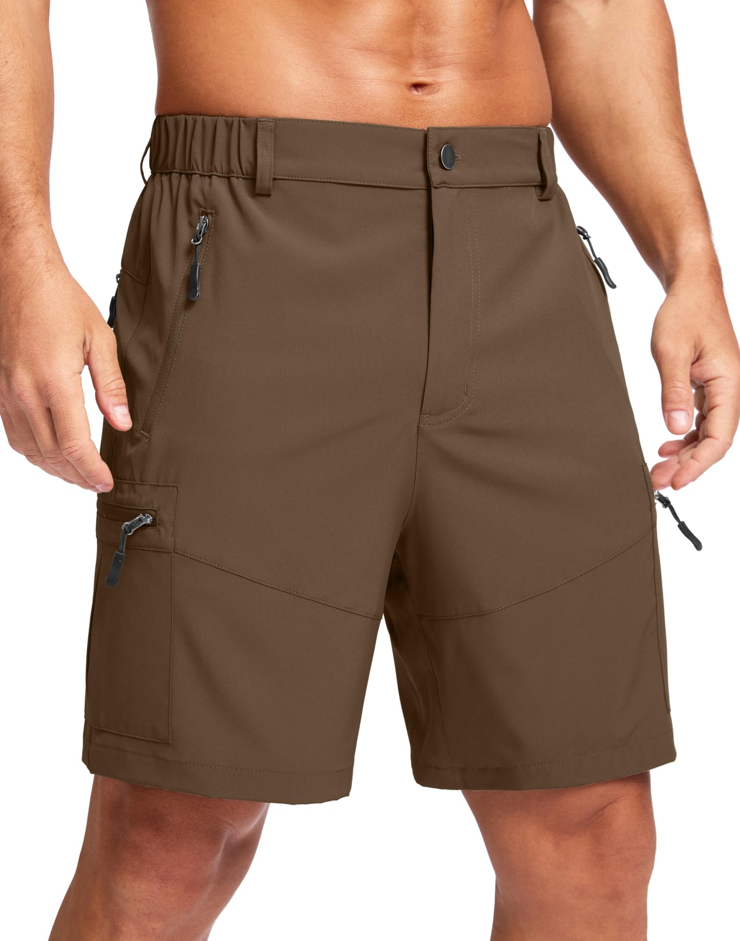 Pudolla Men's Hiking Cargo Shorts Lightweight 7" Travel Casual Shorts for Men Golf Work Outdoor with 5 Zipper Pockets(Brown Medium)