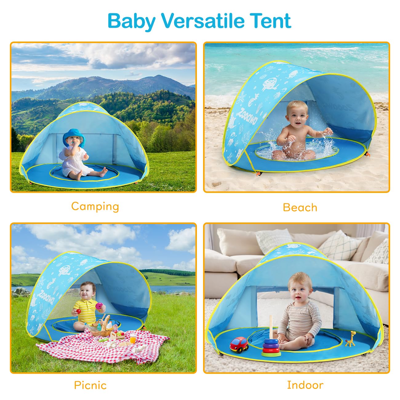 Zooawa Baby Beach Tent, Pop Up Beach Tent Sun Shade for Beach, Portable Shade Pool UV Protection Sun Shelter for Infant with Beach Sand Toys Set, Blue