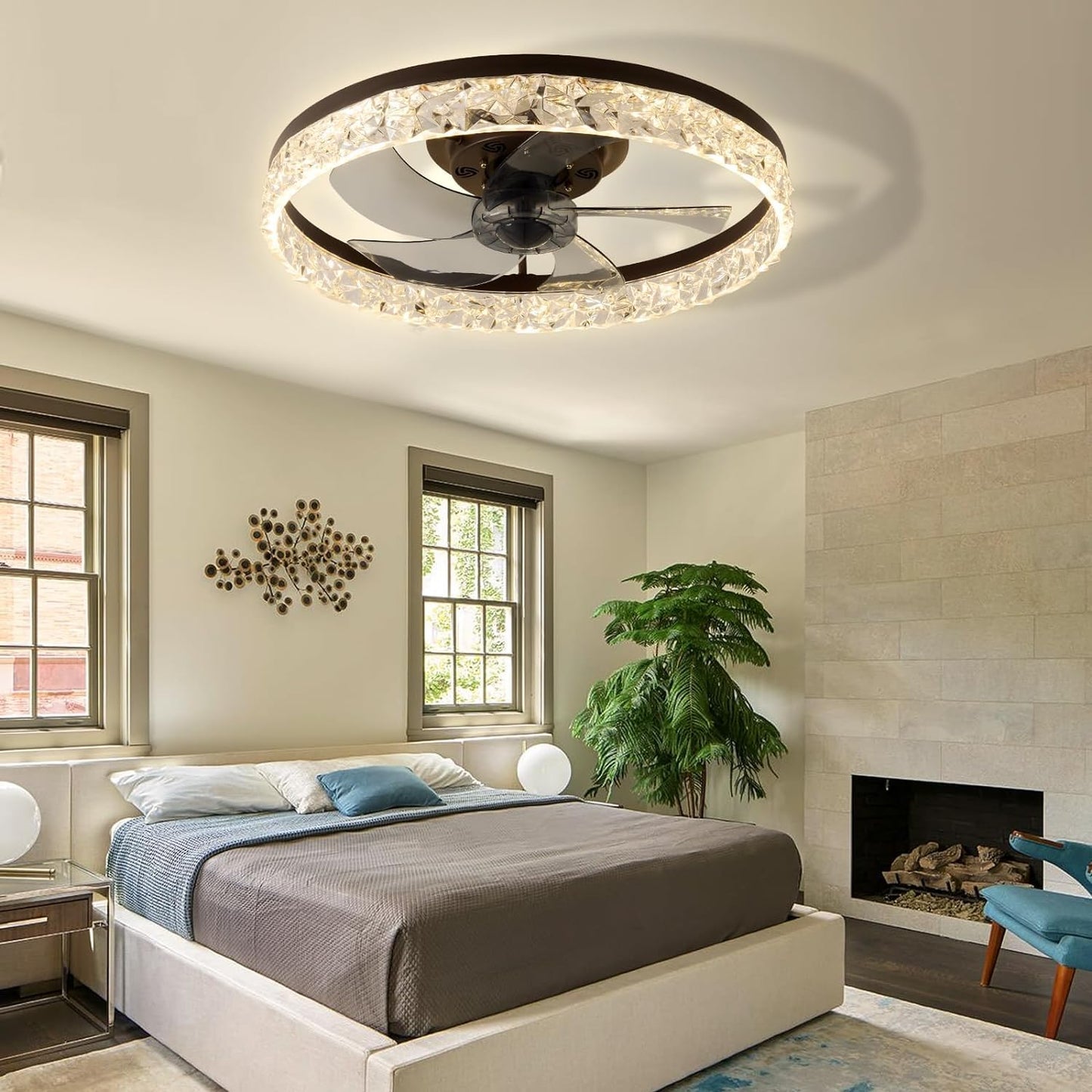 Cainjiazh 20" Low Profile Ceiling Fans with Lights and Remote Fandelier Ceiling Fan Flush Mount 3000K-6500K Smart Bladeless LED Fan Light Brown Modern Ceiling Fans with Lights for Bedroom