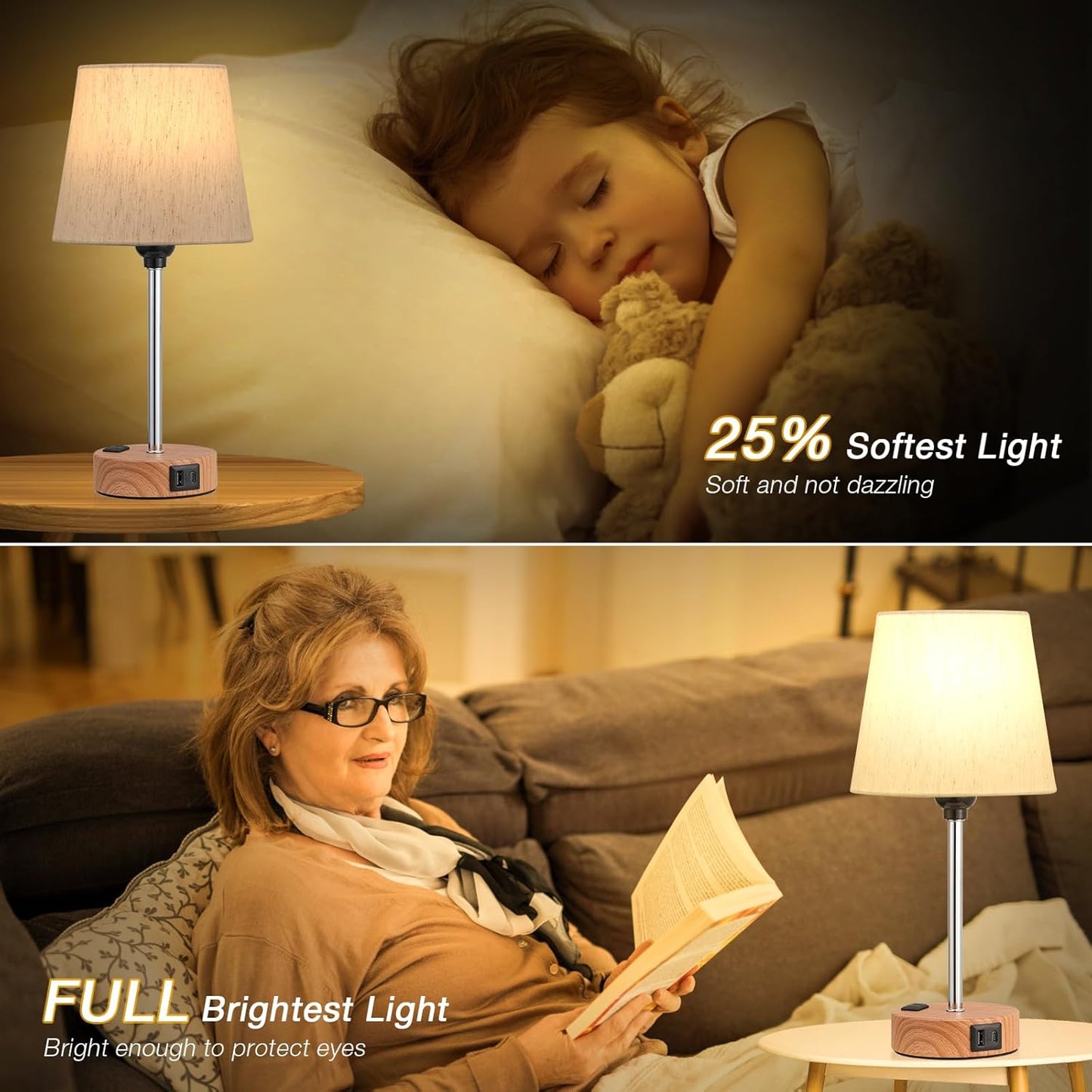 Set of 2 Mini Bedside Lamps with USB-C & AC Outlet - Dimmable Touch Nightstand Lights for Bedrooms