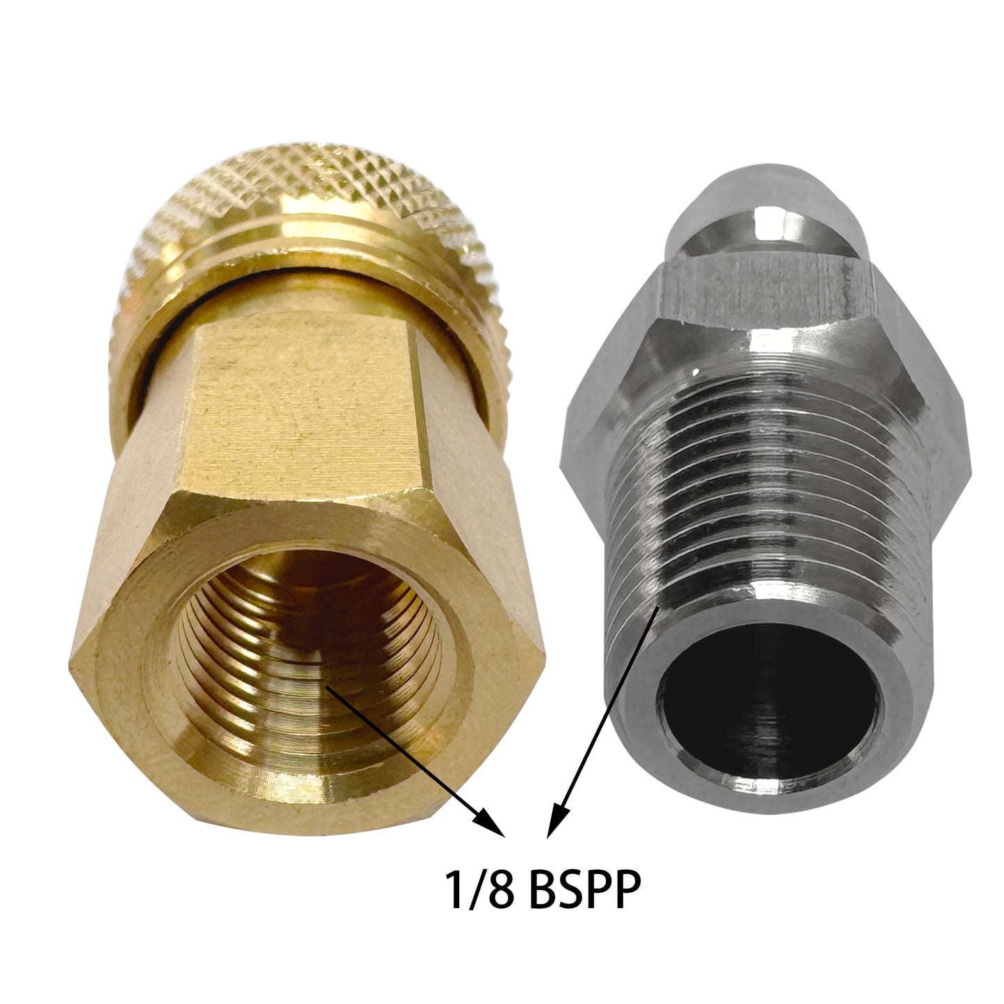 HMKUGO 1/8 BSPP Female Connector and 8mm Male Plug Fill Nipple Quick-Disconnect Set, Copper - Stainless Steel - Remote Line Male & Female Set for PCP Foster Paintball Airsoft Air Gun Tool