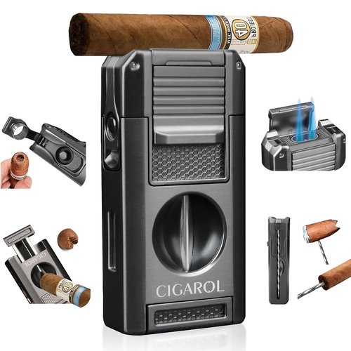 CIGAROL Cigar Lighter, 5-in-1 Cigar Torch Lighter, Double Jet Flame, V Cutter, Punch, Draw Enhancer & Cigar Rest – Butane Refillable Travel Cigar Lighter for Men