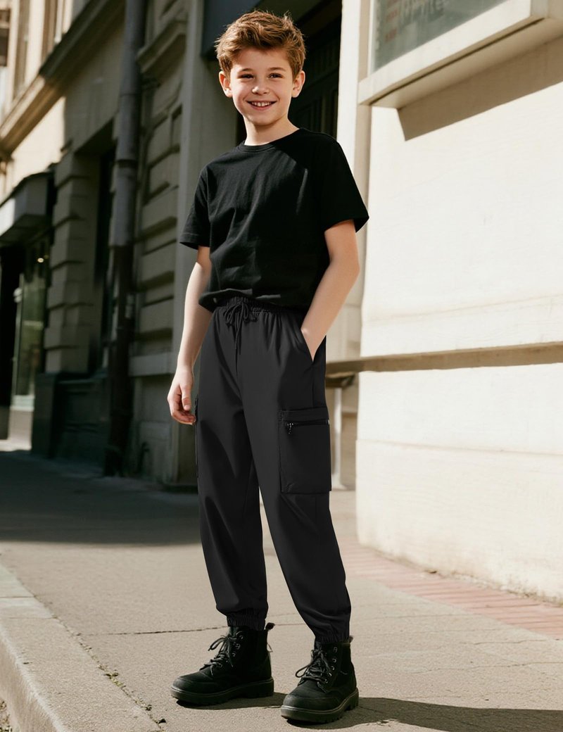 NUMYEAN Boys Cargo Pants Kids Water Resistant Athletic Hiking Pants Lightweight Quick Dry 9-10Years Black