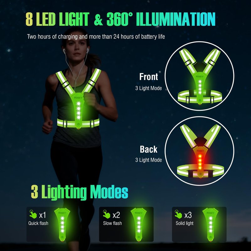 YOSKY 8 LED Running Reflective Gear Rechargeable Adjustable Running Lights Vest Safety Night Reflective Vest for Women Men Kids