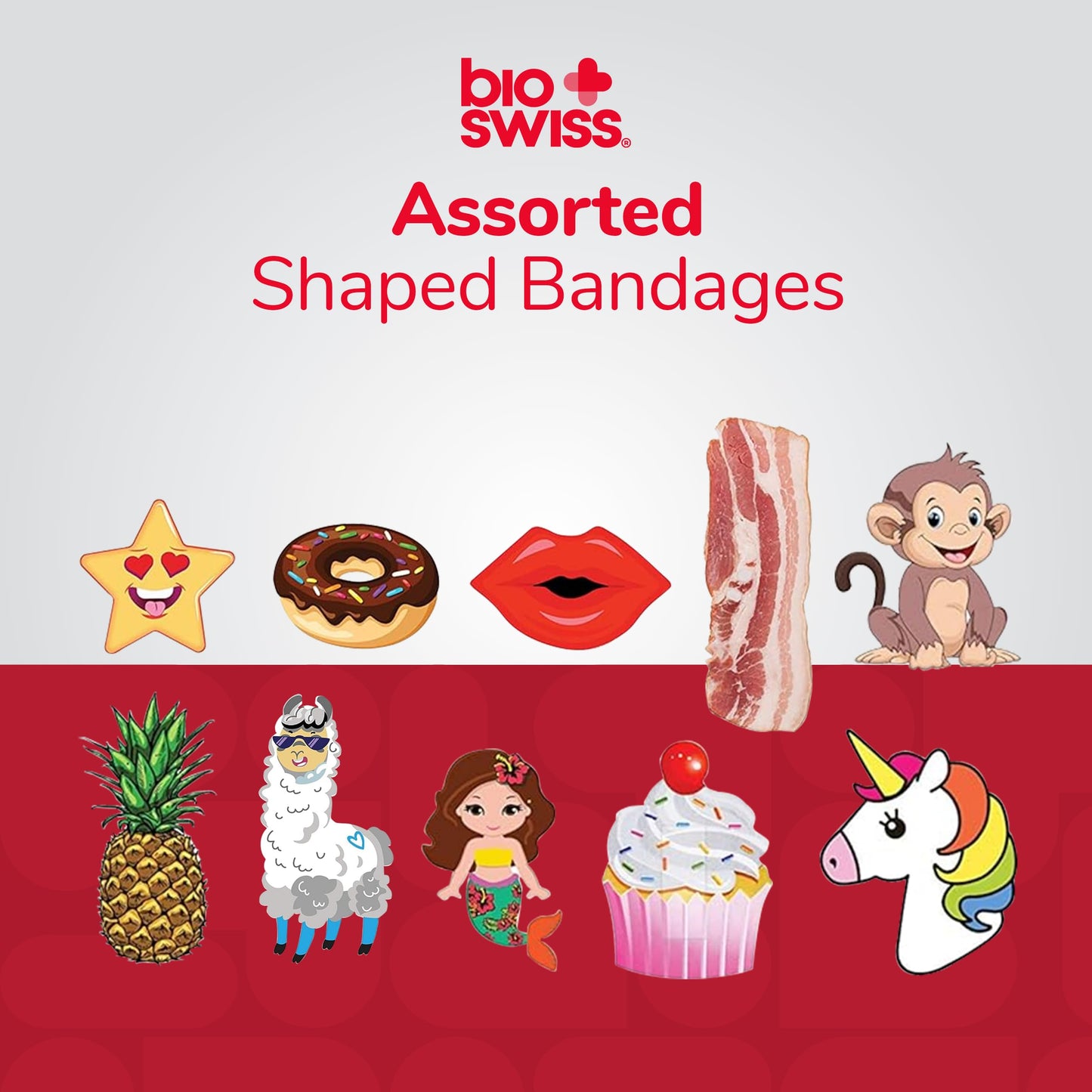 BioSwiss Bandages, Assorted Animal, Fun, and Food Shaped Self Adhesive Bandage Set, Latex Free, Sterile Wound Care, 100 Count