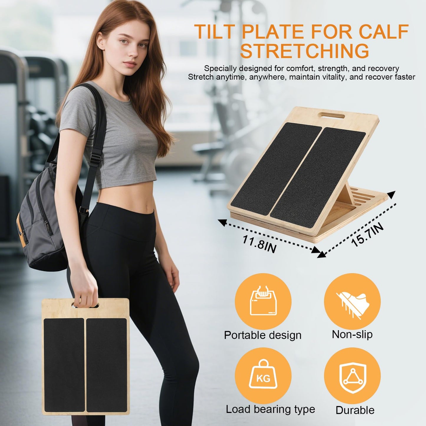 Portable Wooden Slant Board for Calf Stretching Squats Calf Stretcher with Training Poster, 300 Lbs Weight Capacity Calf Stretch Wedge for Leg, Knees, Heel, Ankle & Stretching