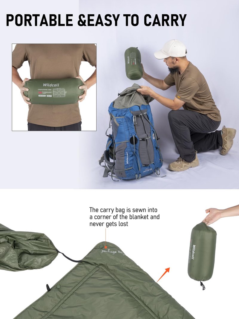 WildCall Hooded Camping Blanket with 3M Thinsulate Insulation Wearable Poncho Blanket Ultralight Foldable Quilt Sleeping Bag for Outdoor, Hiking, Stadium