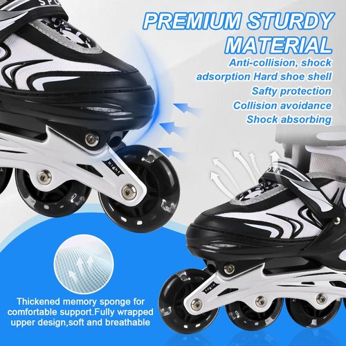 ZHUKAIKJ Kids Inline Skates for Boys and Girls, 4 Size Adjustable Inline Skates with All Light Up Wheels for Toddler Kids Beginner Outdoor Indoor Sport (Black&White, Small)