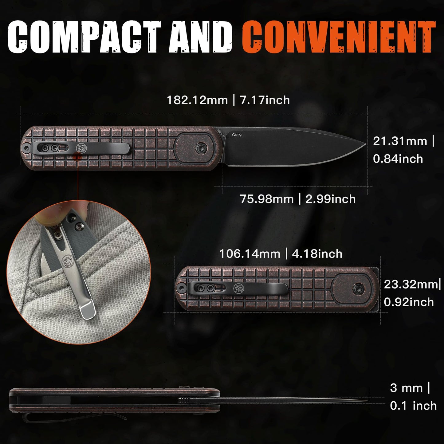 Vosteed Corgi Small EDC Pocket Knife - 2.99" Nitro-V Black Stonewash Blade - Patented Trek Lock, Copper Handle for Hiking, Camping - A0715