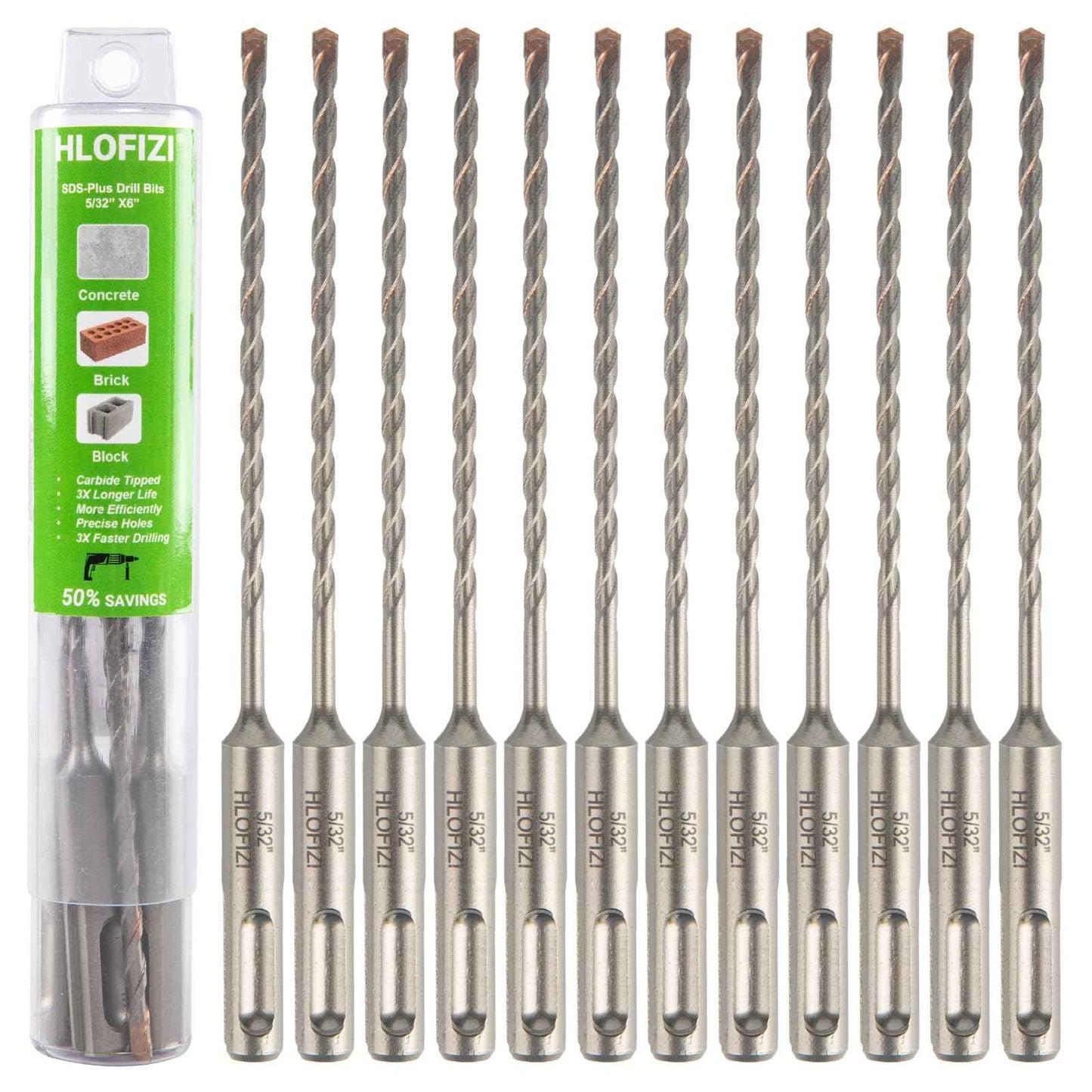 HLOFIZI 5/32" x 6” Masonry Drill Bits (12 Pack) SDS Plus Hammer Drill Bits for Concrete, Birck, Block