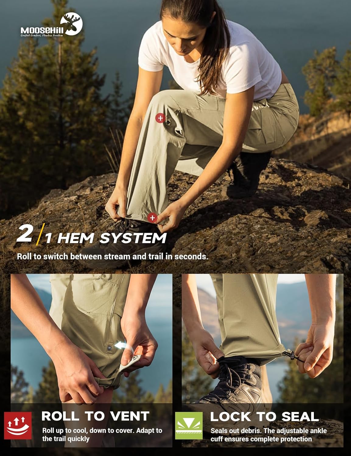 Moosehill Women's Hiking Pants - Lightweight, Quick-Dry, Water-Resistant Cargo | Perfect for All Seasons