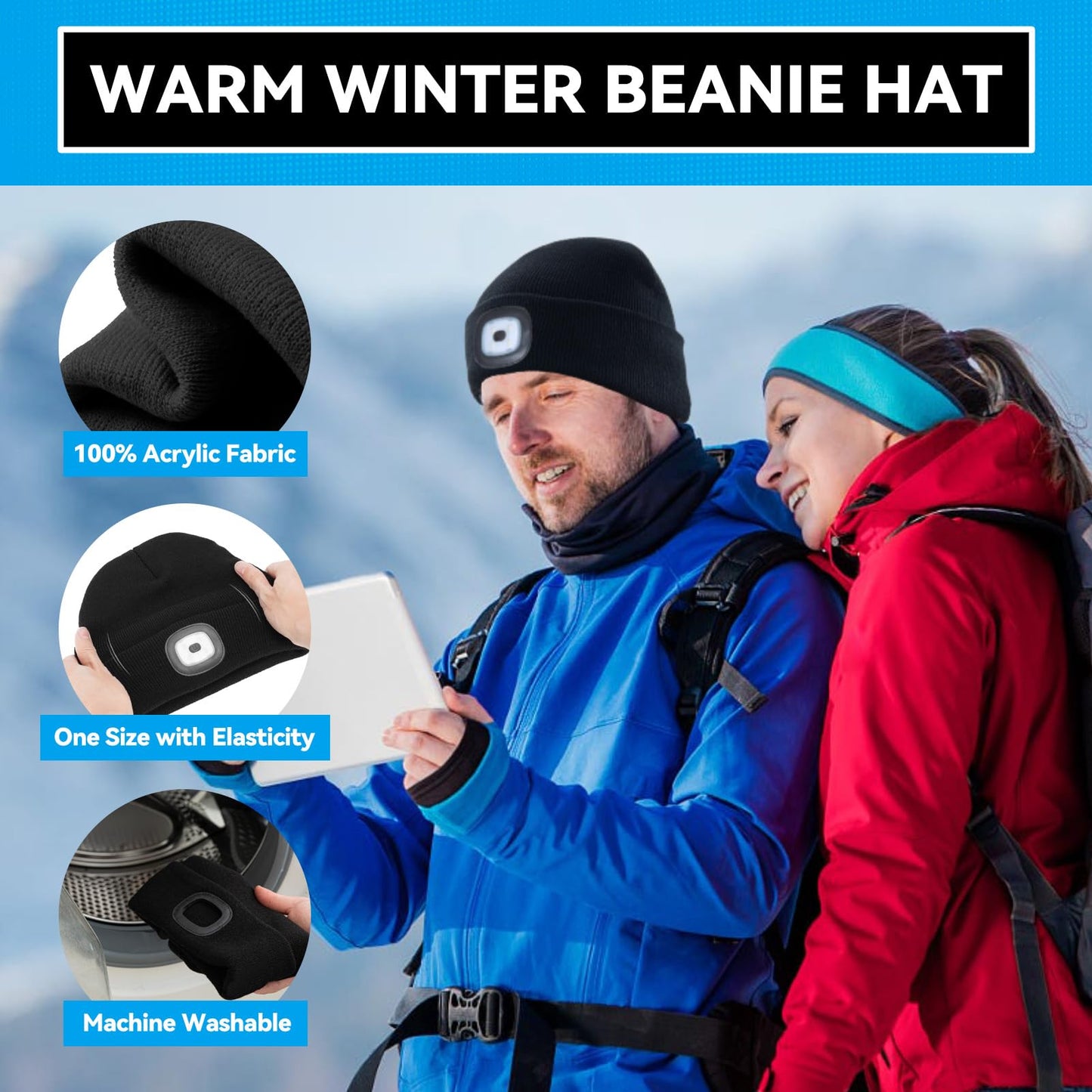 FFIPBGE Beanie Hats with Light, USB Rechargeable LED Hand Free Headlamp, Ideal for Camping, Hiking, Fathers Day Dad Gifts, Birthday Gifts for Husband, Dad, Men, 1 Pack, Black