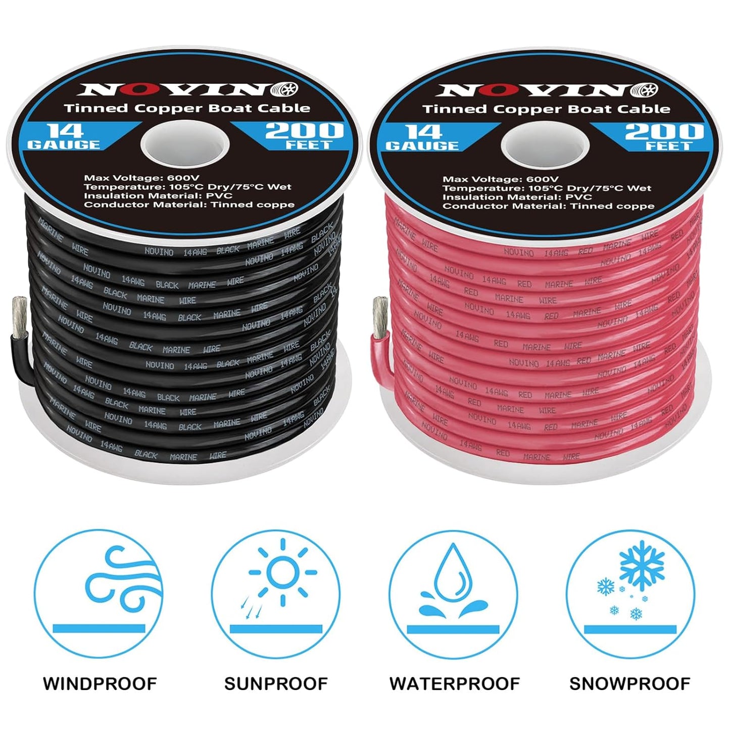 **14 Gauge Marine Wire | 200FT Red & 200FT Black Tinned Copper Boat Cable for Automotive & RV Use**