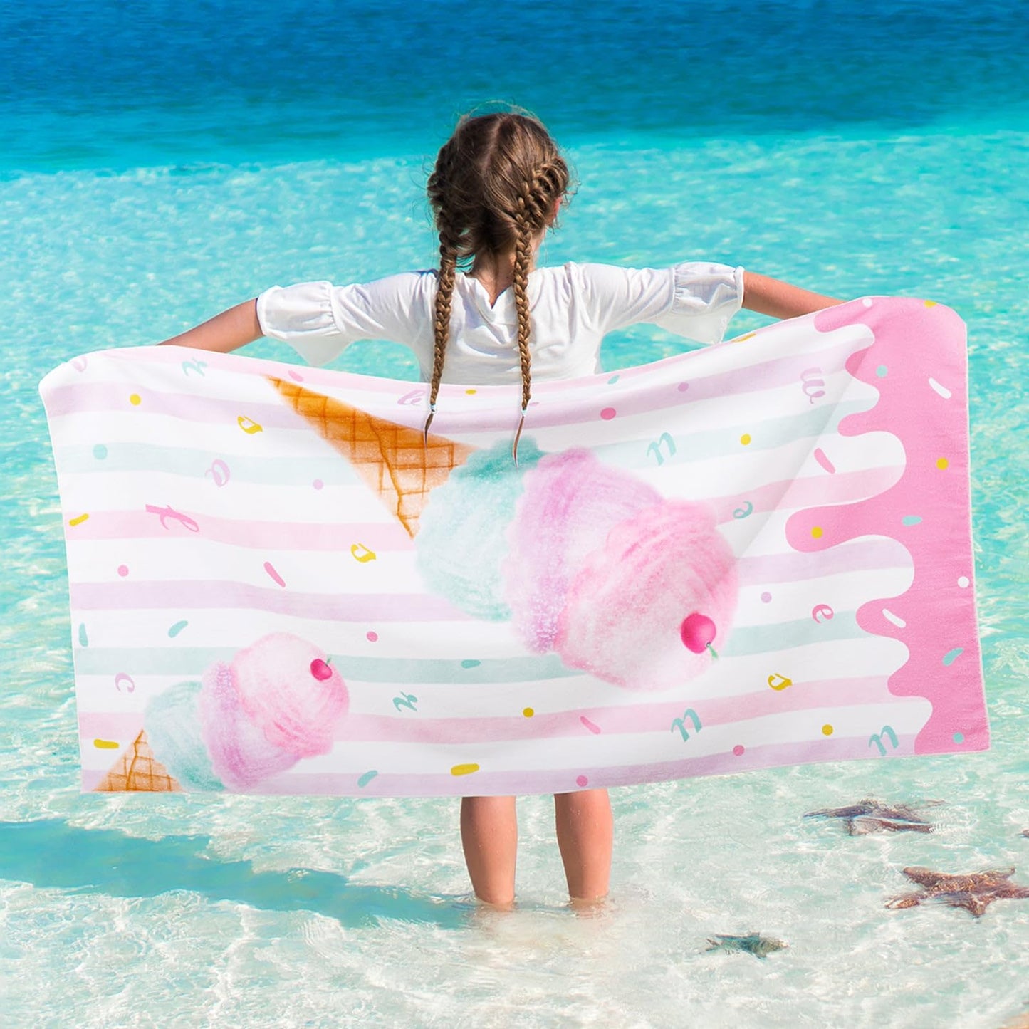 WERNNSAI Kids Beach Towel for Girls - 30” x 60” Ice Cream Sand Free Swim Towels for Girls Bath Pool Camping Travel Towel Quick Dry Ultra Absorbent Super Soft Beach Blanket Bath Shower Towel