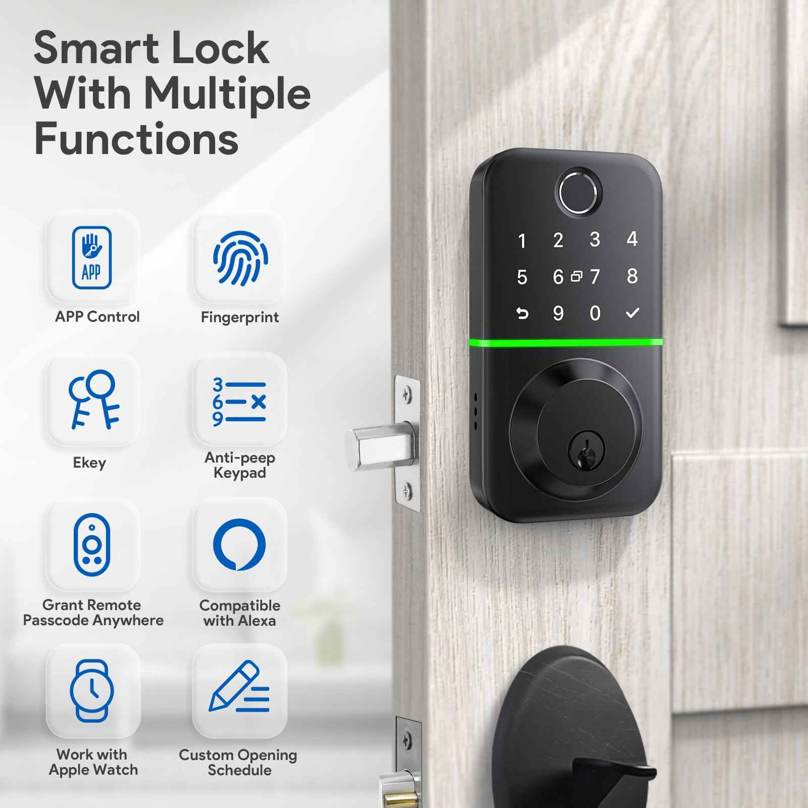 Smart Door Lock Deadbolt with Keypad: Keyless Entry Door Lock - Fingerprint Lock for Front Door - Electronic Lock with Bluetooth and APP Control