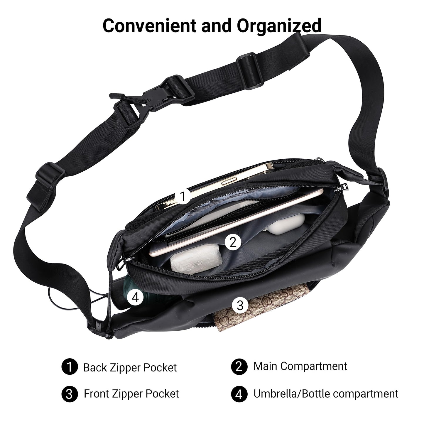 WITZMAN Nylon Sling Bag for Men Travel Crossbody Bag Waterproof Lightweight One Strap Casual Hiking Daypack（BN010 Black）