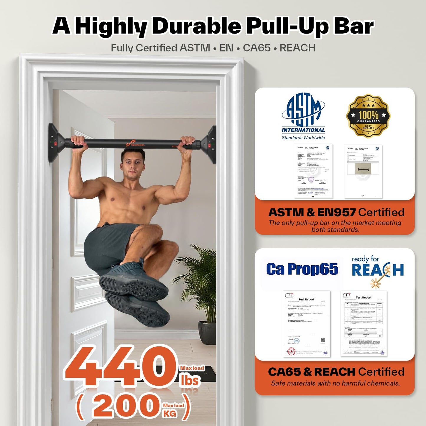 Sportneer Pull Up Bar: Strength Training Chin up Bar No Screws - Adjustable 29.5''-37''(75-94cm) Width Locking Mechanism Pull up Bar for Doorway - Max Load 440lbs for Home Gym Upper Body Workout, Non-slip