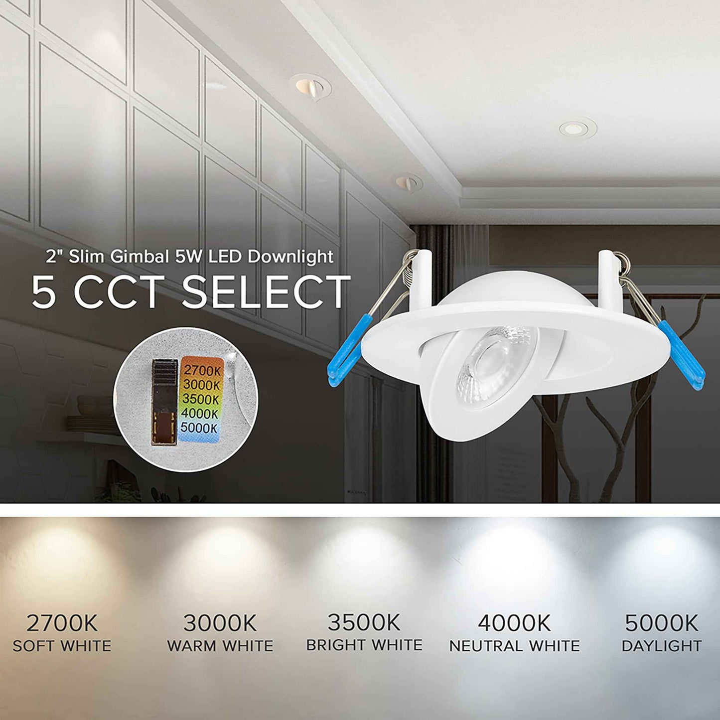 Maxxima 2 in. Rotatable Ultra-Thin Recessed LED Floating Gimbal Downlight, 400 Lumens, 5 CCT Selectable 2700K/3000K/3500K/4000K/5000K, Dimmable, 90 CRI, IC Rated, Canless, Junction Box Included