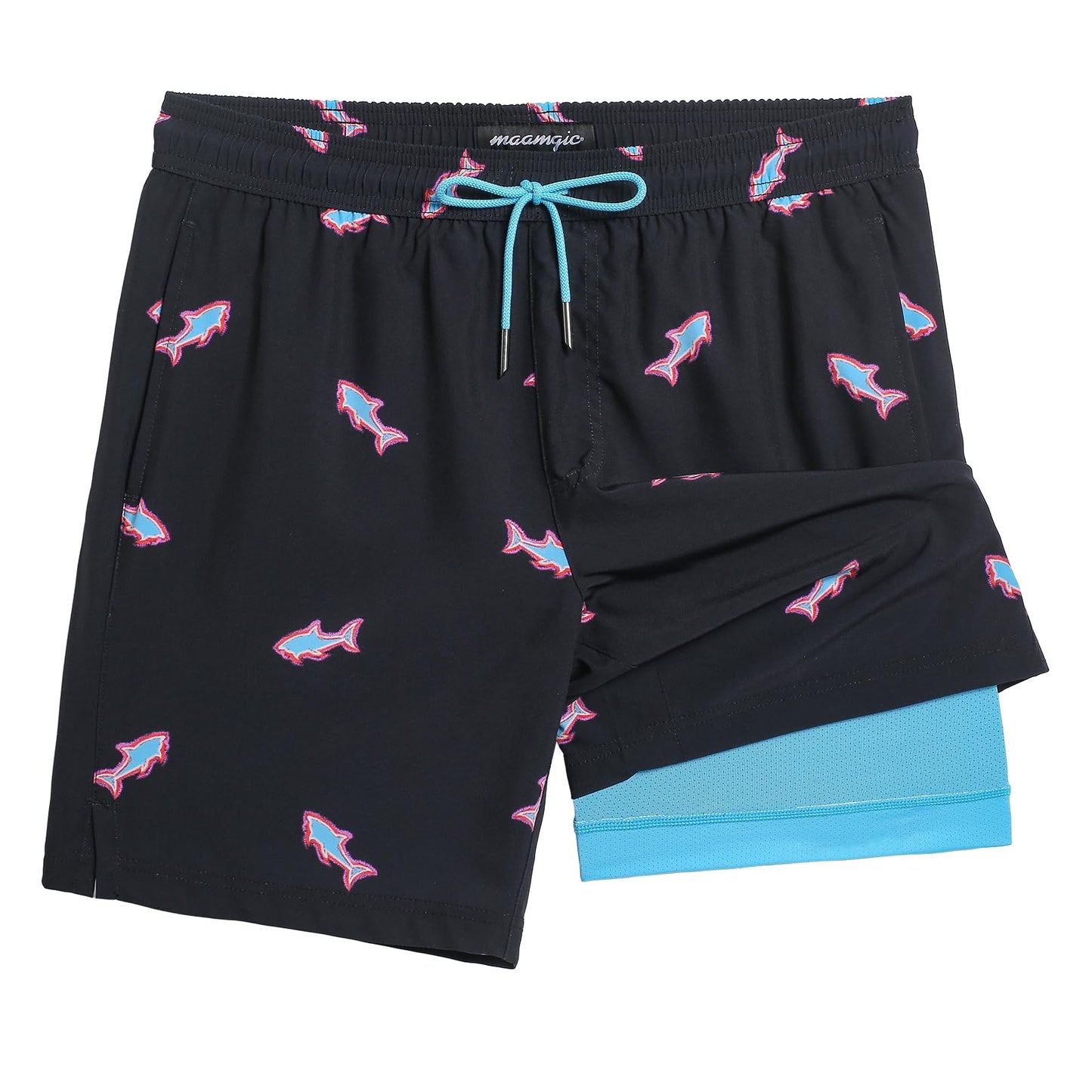 maamgic Mens Swim Trunks with Compression Liner 7 Inch Inseam Mens Bathing Suit Quick Dry Swimming Trunks Swimsuit Shark Black Blue X-Large