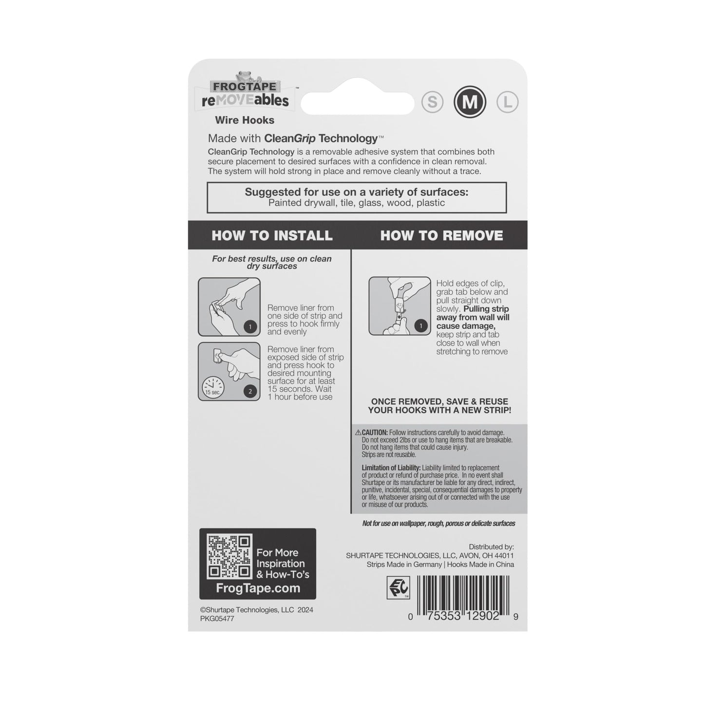 FrogTape reMOVEables Damage Free Adhesive Hook - Removable & Reusable Medium Wire Wall Hooks for Hanging - No Nails- Includes 6 Hooks & 8 Adhesive Strips, Holds up to 2 lbs, Clear (Pack of 6)