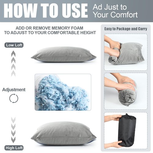 SmoothNovelty 2 Pack Camping Pillow for Sleeping Shredded Memory Foam Travel Pillow with Storage Bag, Compressible Portable Pillow for Outdoor Camp Backpacking Hiking Essential Gear(Grey,Medium)