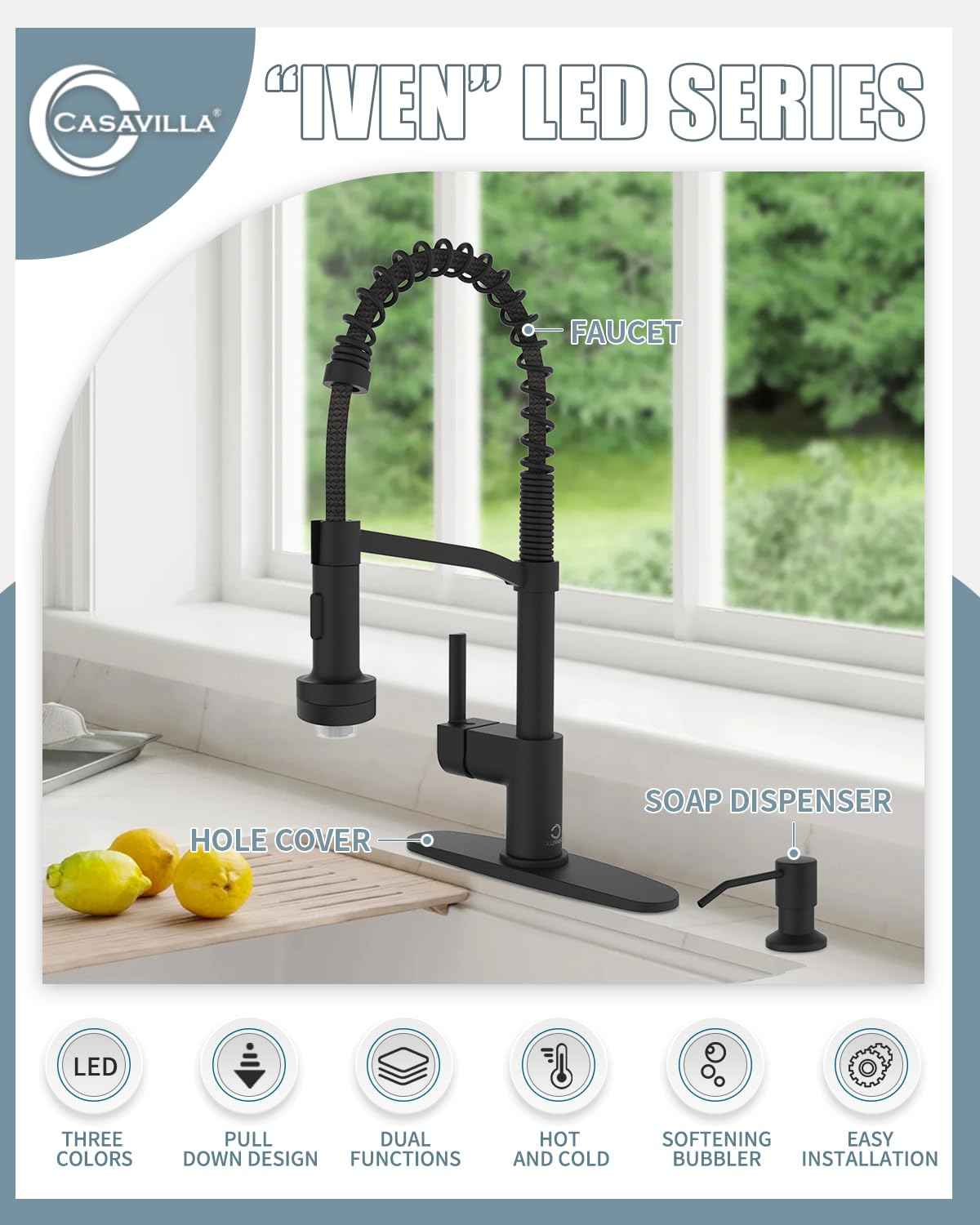 Casavilla Black Kitchen Faucet with Soap Dispenser, Faucet with Light, Faucet for Camper Farmhouse RV Kitchen Sink, Single Handle Stainless Steel Kitchen Sink Faucets with Pull Down Sprayer