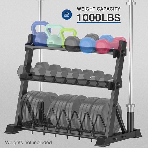 ULTRA FUEGO Dumbbell Rack 3-Tier Weight Plate Rack Storage Stand for Dumbbell/Kettlebell/Weight Plate and Curl Bar