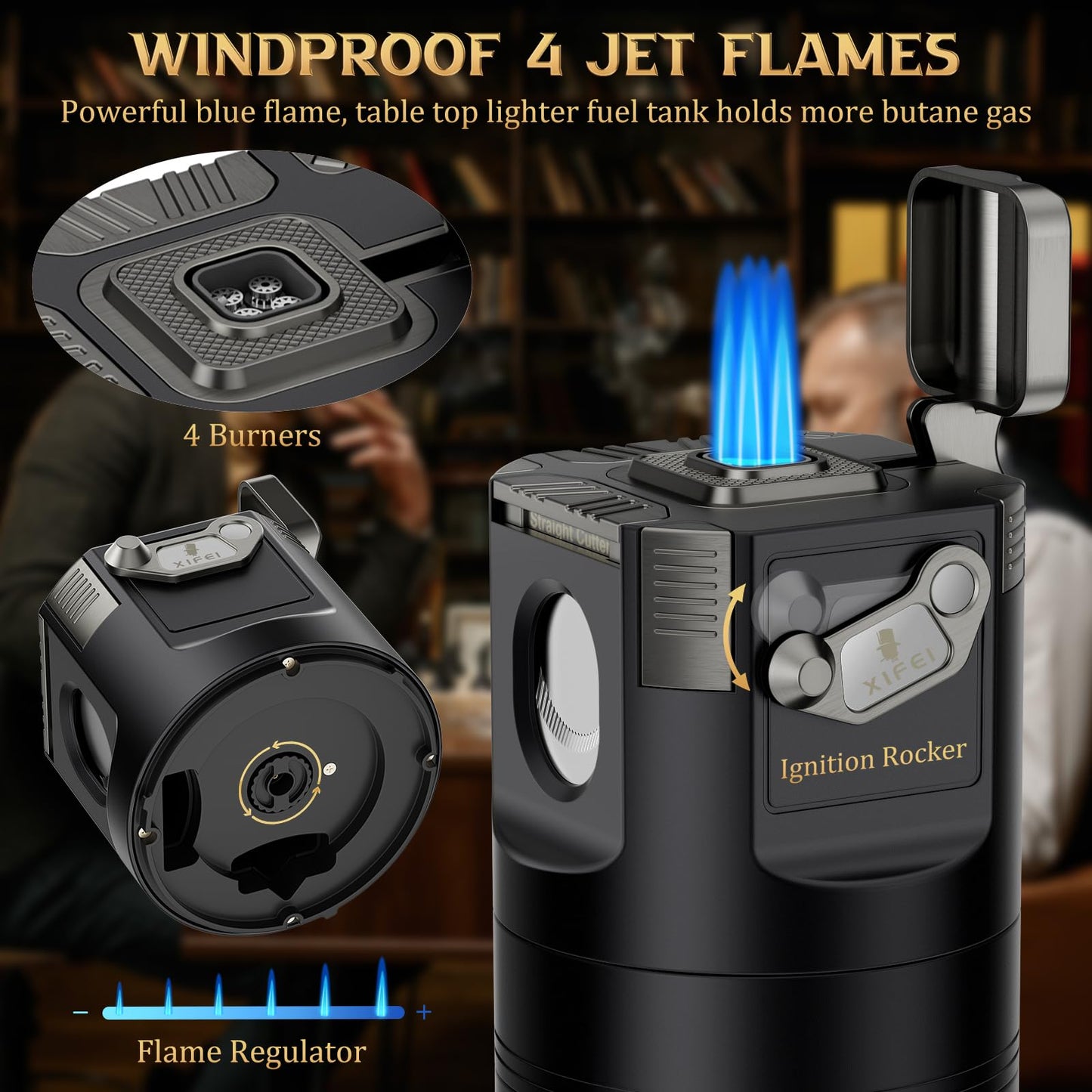 XIFEI 8-in-1 Desktop Cigar Lighter Kit, 4 Jet Flame Torch Lighter with V Cutter Guillotine, Punch, Holder, 3 Draw Enhancer Tools, 3 Ashtrays, Cigar Accessories for Home, Office, Bar & Gifts (Black)