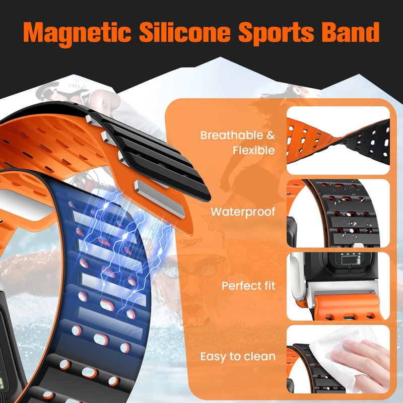 Anpzband-Silicone Magnetic Band Sports Compatible with Whoop 5.0 Band, Adjustable Breathable Replacement Wristbands Straps, with U-Shaped Frame, Strap Men Women, for Whoop 5.0 Silicone Bands (Black Orange)