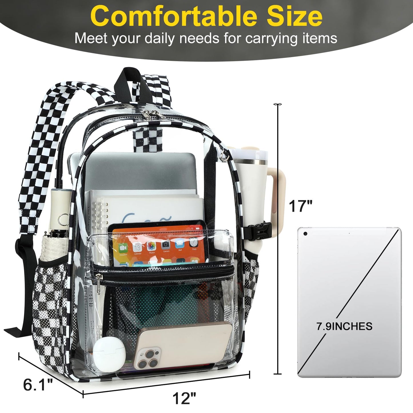 BTOOP Clear Backpack for Women Men, Large 16.5-Inch Transparent School Backpack with 6 Pockets and 40 oz Tumbler Holder, Black Trim for College, Work and Travel
