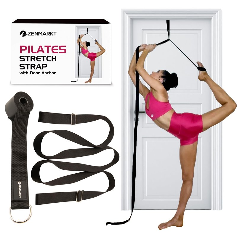 Pilates Stretching Strap with Door Anchor - Flexibility Equipment for Pilates Practitioners - Ideal for Improving Leg Flexibility, Core Stability, and Posture Alignment at Home (Black)