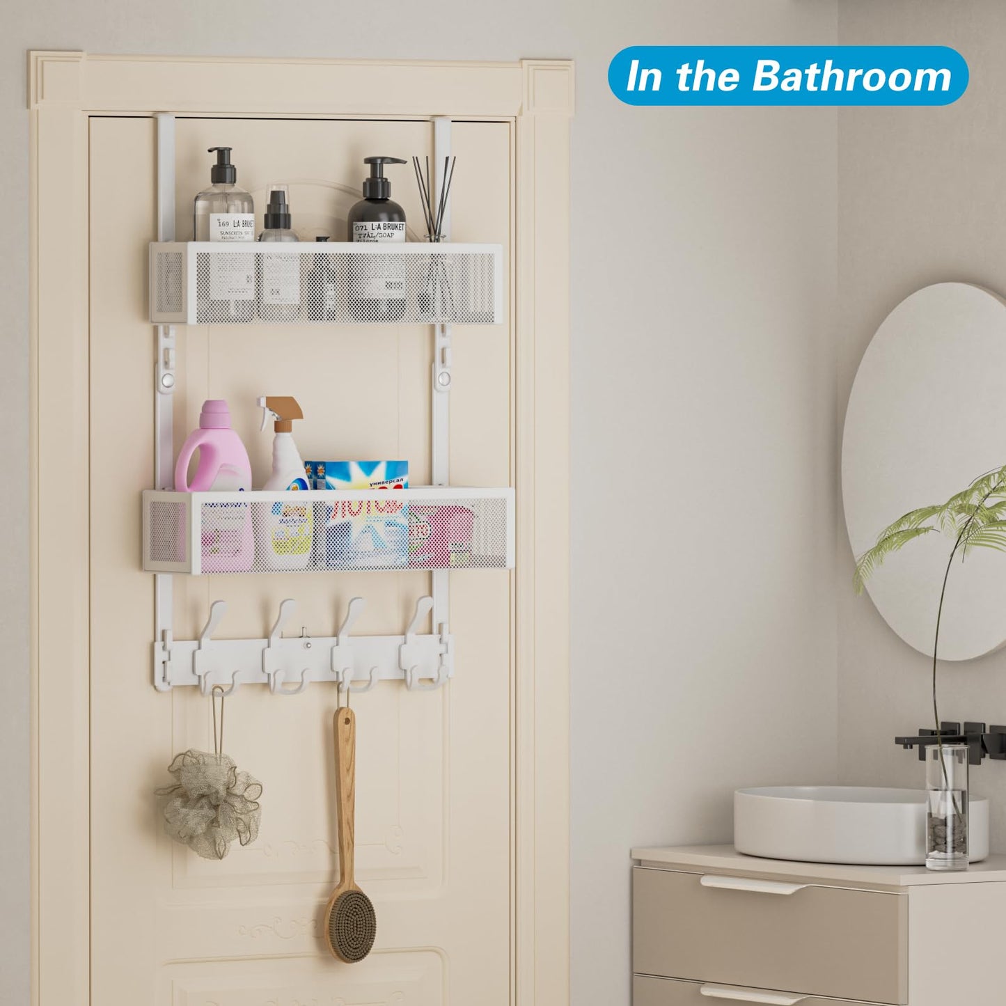 Aimeaihe Over The Door Hooks Organizer, Door Hanger Towel Rack with 2 Baskets, Adjustable Over The Door Coat Rack, Back of Door Storage for Bedroom, Kitchen, Bathroom (White)