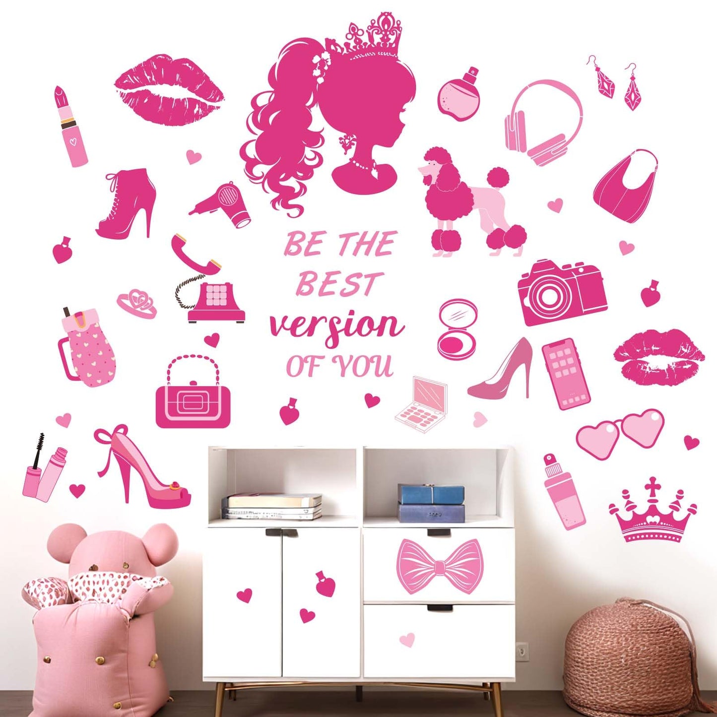 Princess Wall Stickers for Girls Bedroom: Pink Doll Fashion Wall Decals - Kids Baby Girls Room Nursery Daycare Wall Decor