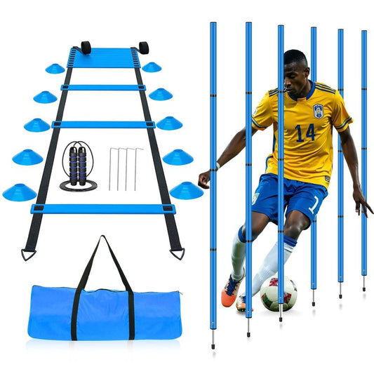 YGORTECH Soccer Agility Training Equipment, Includes 20ft Agility Ladder, 6 Adjustable Agility Poles, 10 Disc Cones, Jump Rope-Speed Training Set for Soccer Football Basketball Athletes Blue
