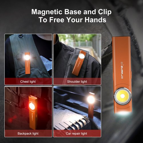 klarus E5 Pocket Flashlight, Rechargeable EDC Flashlight, Super Slim 4.2x1x0.3inch, 600 Lumens, USB-C Port, IPX4, Dual Light Source with Magnetic Base, Hat & Clothes Clip - Orange