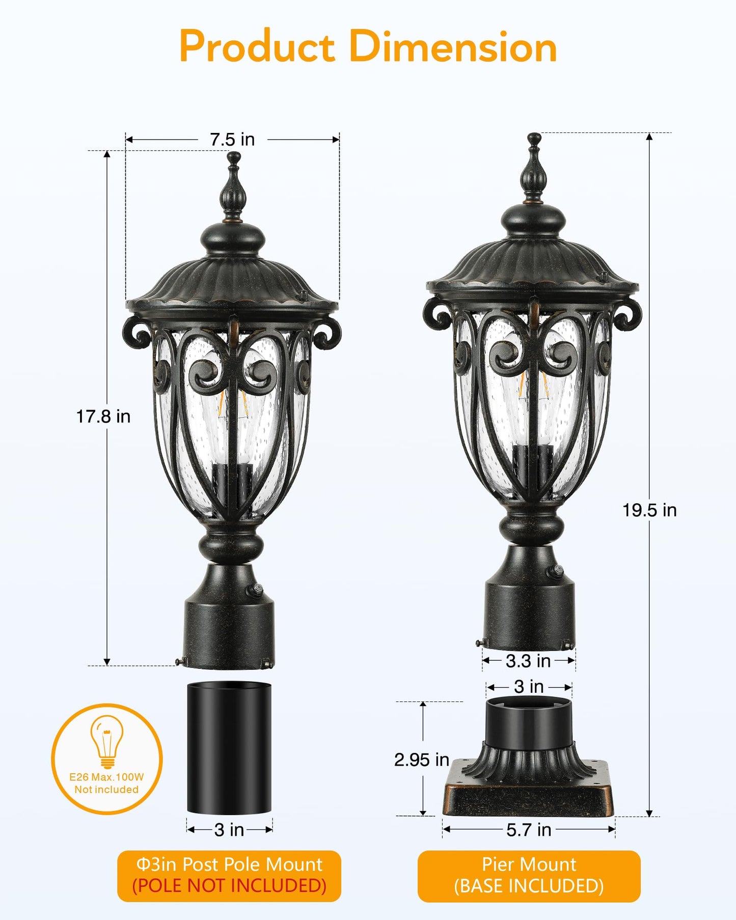 VIANIS Outdoor Post Light with Pier Mount Base, 2 Pack Waterproof Dusk to Dawn Post Lights Outdoor, Anti-Rust Aluminum Oil Rubbed Bronze Post Light Dusk to Dawn with Tempered Glass for Pathway