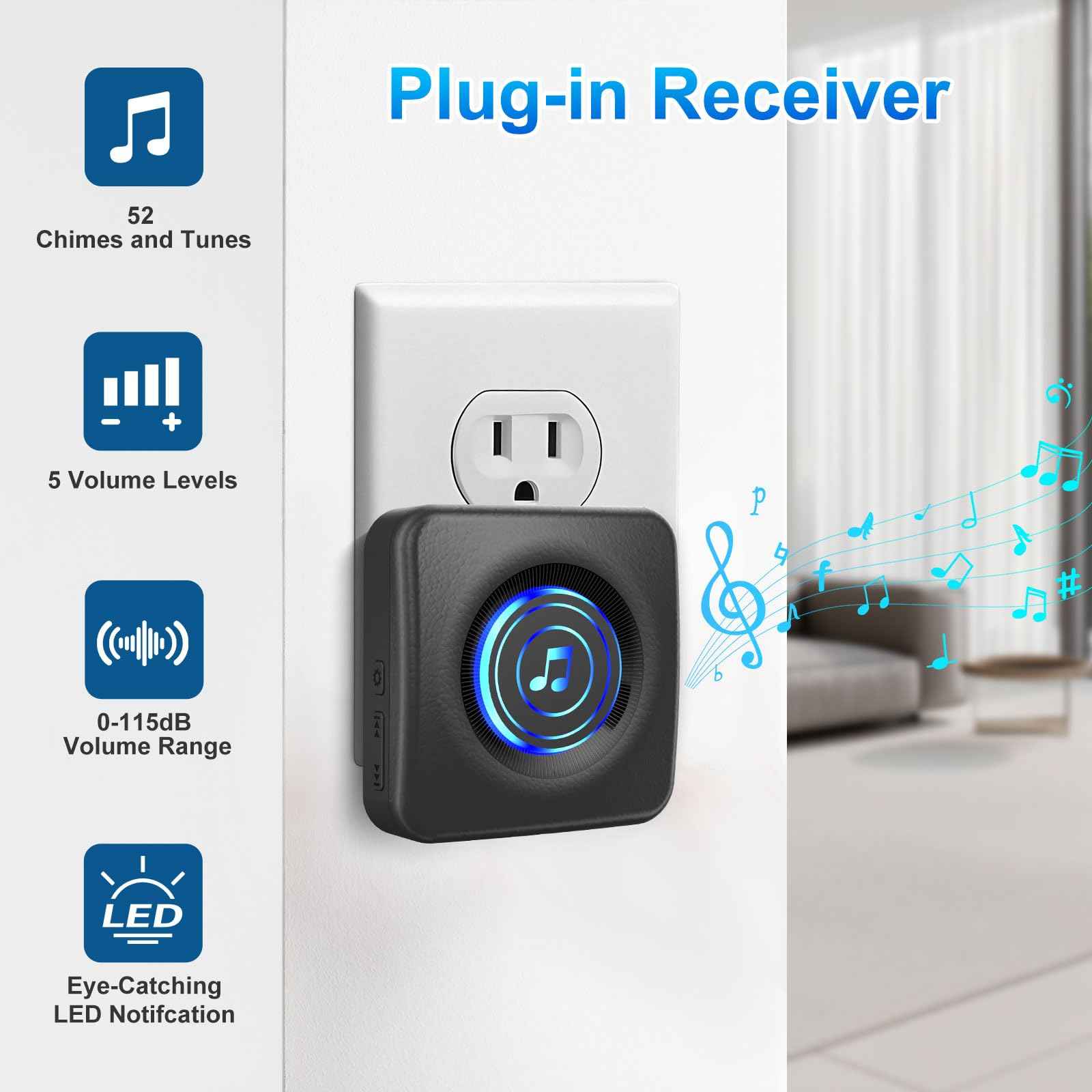 Wireless Doorbell with 3 receivers 1 Button,IP55 Waterproof,1300 FT/400M Remote Doorbell,38 Chimes 8 Volume,Colorful LED Flashing,110 db Loud Volume,For Home/Classroom (1 Receivers +1Buttons black)