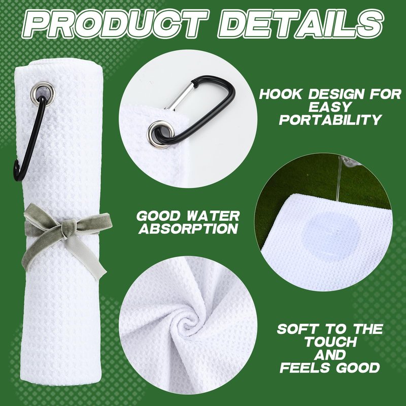 Batiyeer 12 Pcs Golf Towel Bulk for Golf Bags 16'' x 16'' Microfiber Fabric Towel with Clip Waffle Pattern, Fitness, Camping, Hiking, Yoga (White,16 x 16 Inches)