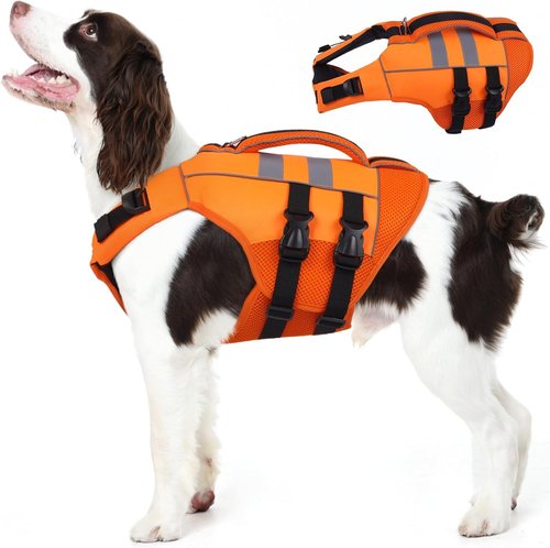 Kuoser Dog Life Jacket - High Flotation Safety Vest for Swimming & Boating | Reflective Orange, Large