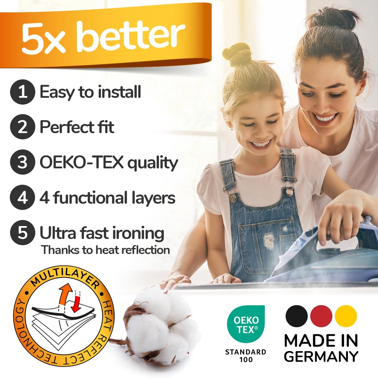 Super Soft Ironing Board Cover and Pad – 50% Faster Ironing with Heat Reflection Technology, Thick Natural Cotton, Heavy-Duty & Scorch Resistant – Made in Germany – 15x54 Standard Size