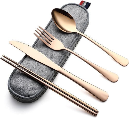 DEVICO Stainless Steel Camping Utensils - Full-Size Reusable Cutlery Set with Case | Portable Fork, Spoon, Knife & Chopsticks (Rose Gold)