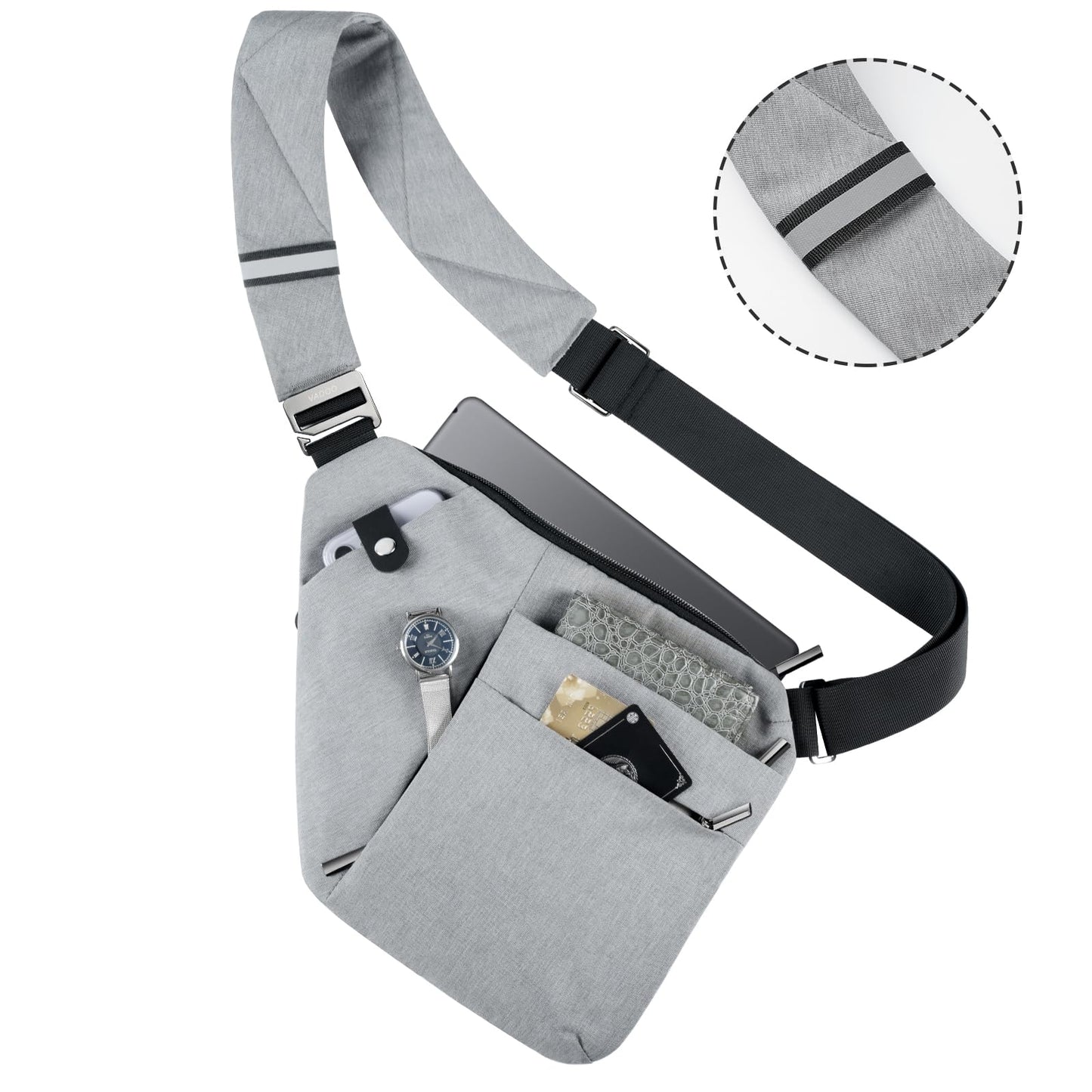 VADOO Anti-theft Crossbody Bags for Women, RFID Blocking Pocket Sling Bag for Men Lightweight Shoulder Chest for Travel Sport, Gray 2.0