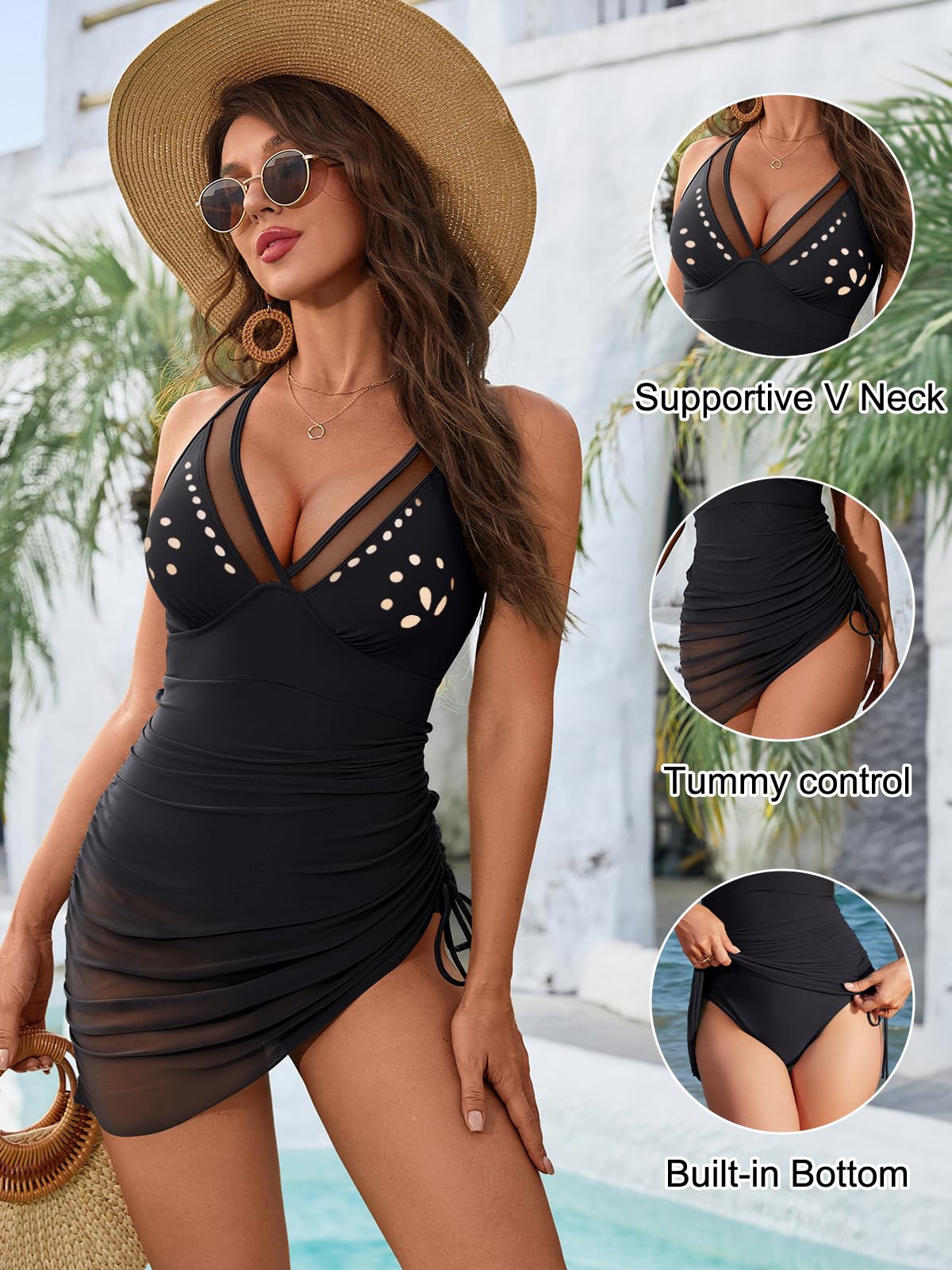 Blooming Jelly Women One Piece Swim Dress Tummy Control Swimsuits Modest Slimming Drawstring Swimwear (XXL, Black Cutout)