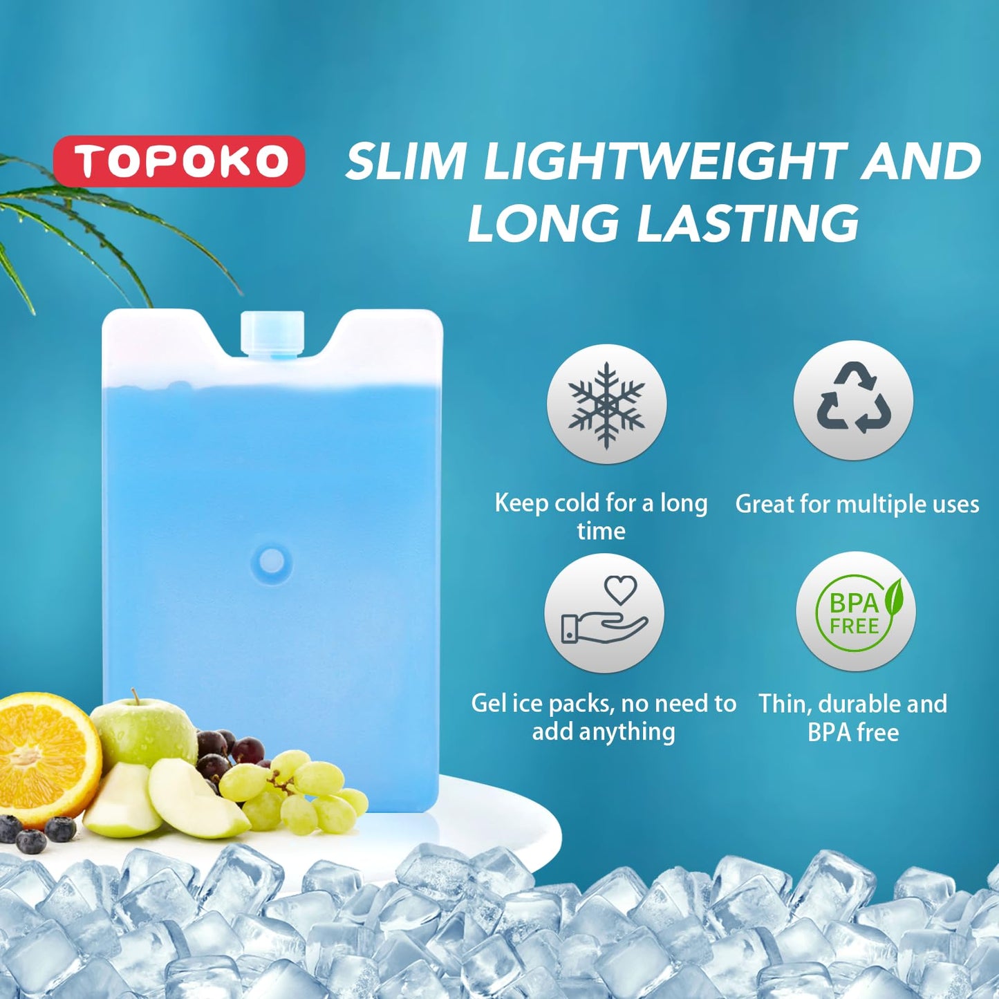 TOPOKO Ice Packs for Lunch Bags, Coolers & Freezers – 6 Pack Reusable Ice Packs, Slim, Leak-Proof, Long-Lasting Cold, Quick Freeze for Picnic, Camping, Beach, Hiking & Outdoor Sports